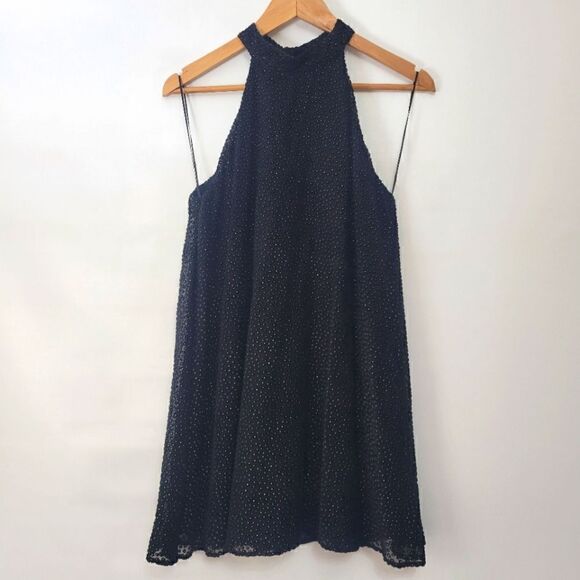 Zara Trafaluc Dobby Black and Gold Dots Halter Keyhole Top - Picture 1 of 11